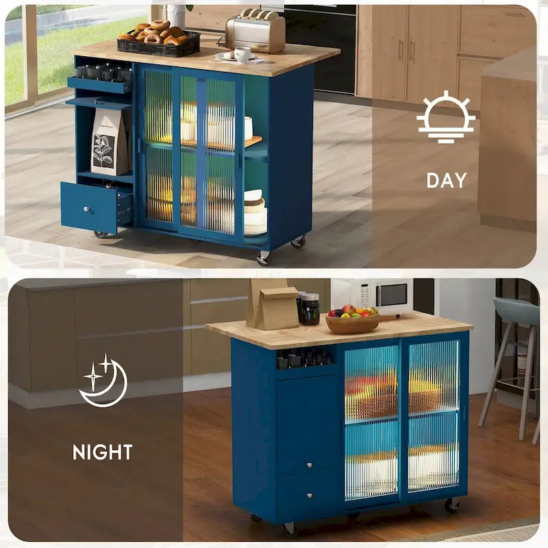 Kitchen Island with Drop Leaf & LED Light, Wheels, 2 Fluted Glass Doors, Adjustable Shelf, 2 Drawers