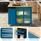 Kitchen Island with Drop Leaf & LED Light, Wheels, 2 Fluted Glass Doors, Adjustable Shelf, 2 Drawers
