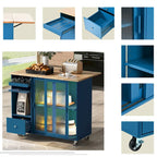 Kitchen Island with Drop Leaf & LED Light, Wheels, 2 Fluted Glass Doors, Adjustable Shelf, 2 Drawers