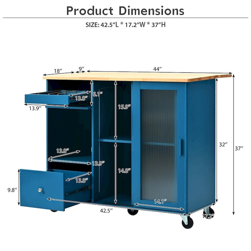 Kitchen Island with Drop Leaf & LED Light, Wheels, 2 Fluted Glass Doors, Adjustable Shelf, 2 Drawers