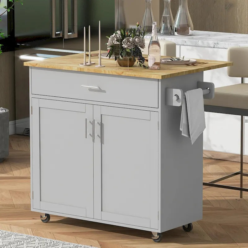 Rolling Kitchen Island with Storage Cart, Rubber Wood Top, Spacious Drawer with Dividers