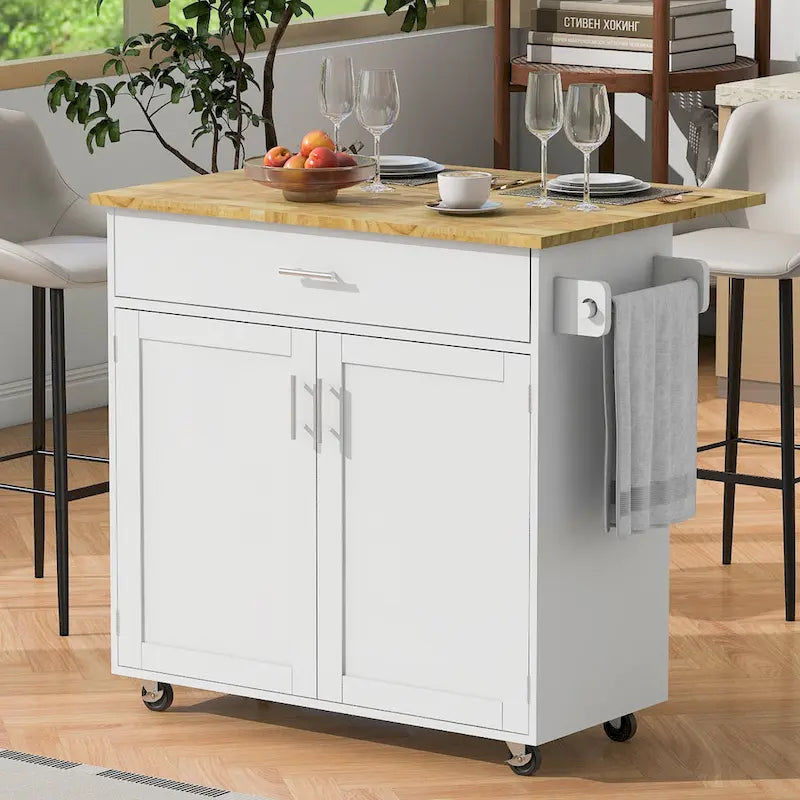 Rolling Kitchen Island with Storage Cart, Rubber Wood Top, Spacious Drawer with Dividers
