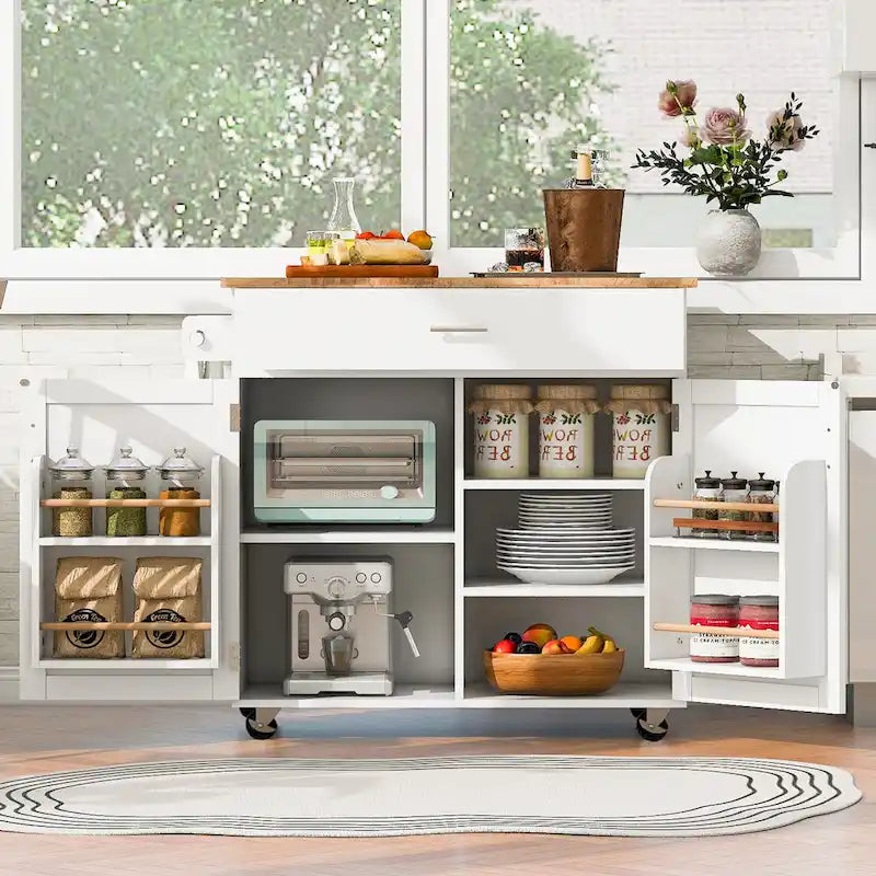 Rolling Kitchen Island with Storage Cart, Rubber Wood Top, Spacious Drawer with Dividers