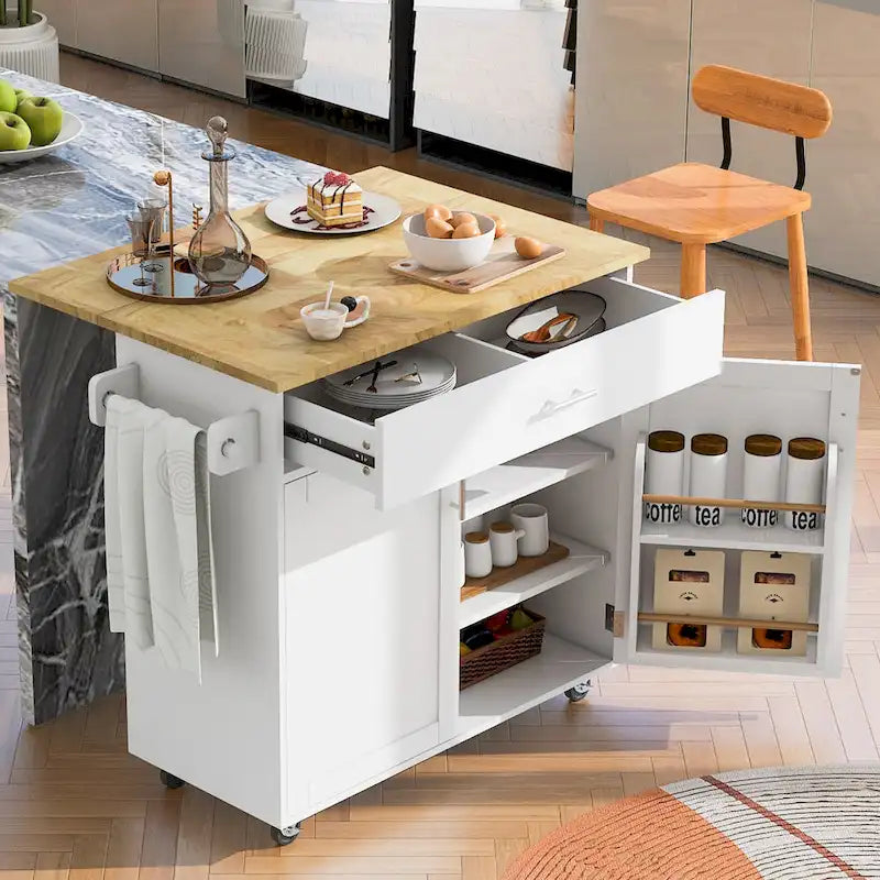 Rolling Kitchen Island with Storage Cart, Rubber Wood Top, Spacious Drawer with Dividers
