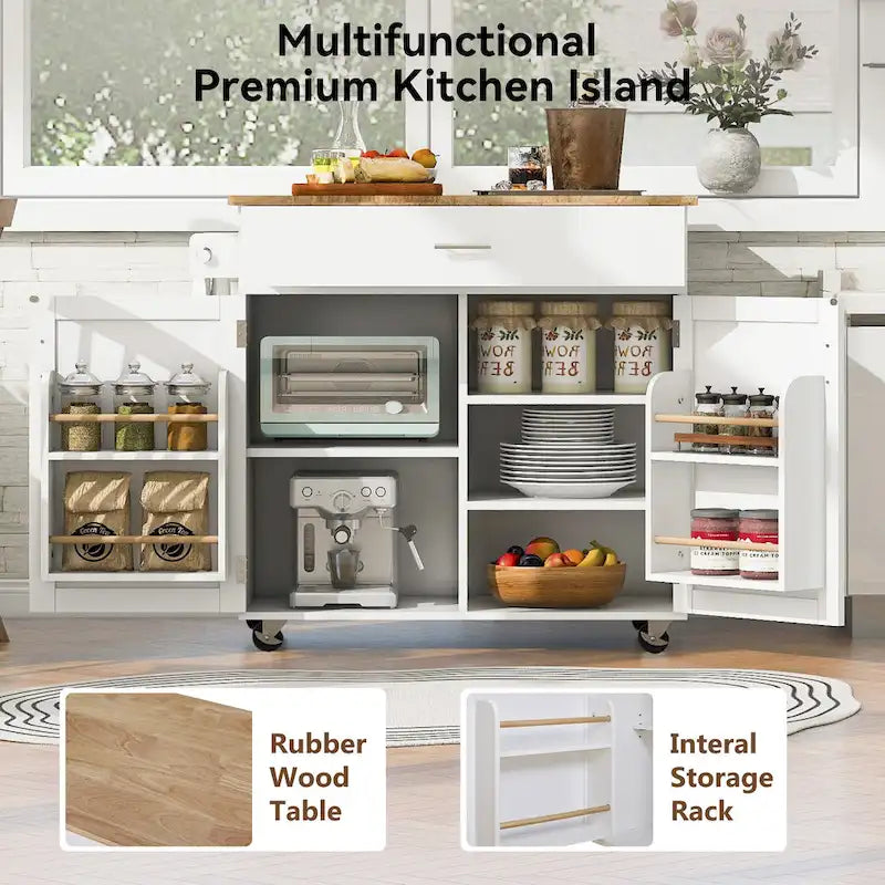 Rolling Kitchen Island with Storage Cart, Rubber Wood Top, Spacious Drawer with Dividers