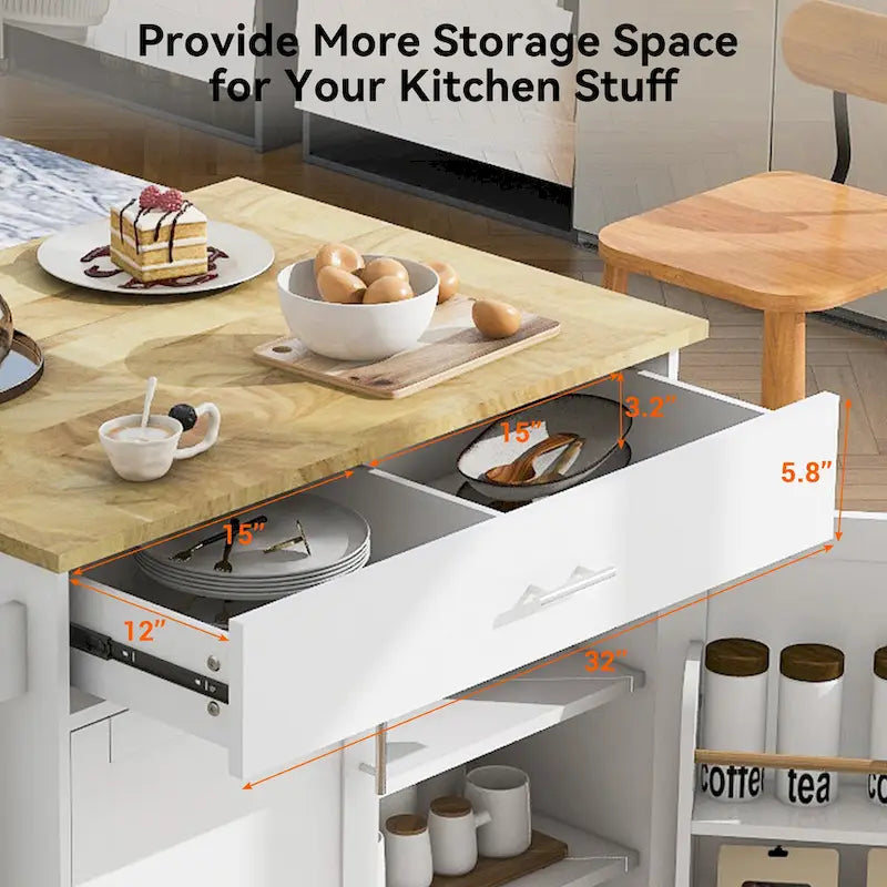 Rolling Kitchen Island with Storage Cart, Rubber Wood Top, Spacious Drawer with Dividers