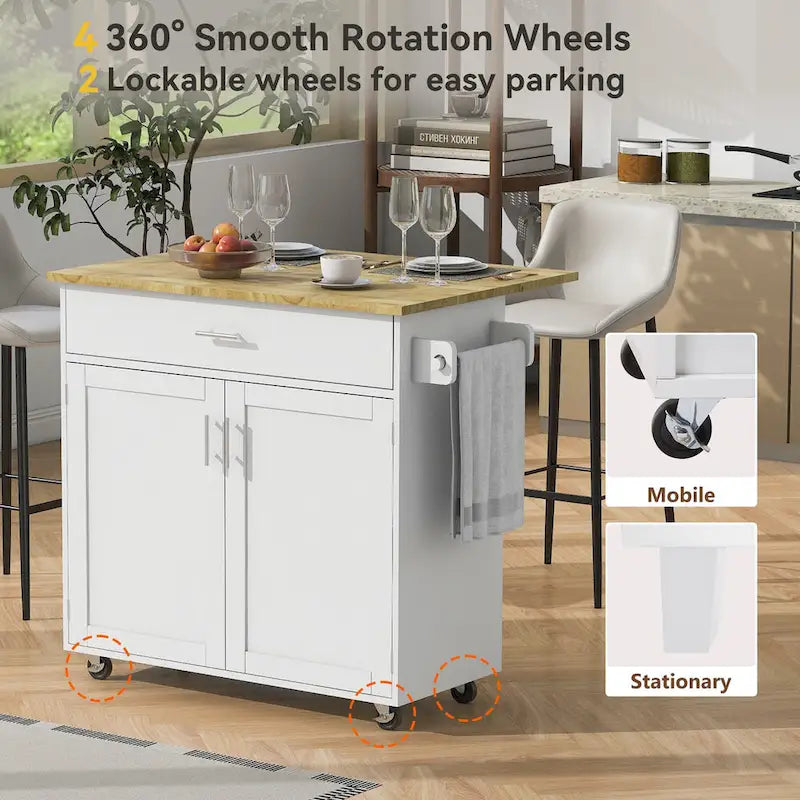 Rolling Kitchen Island with Storage Cart, Rubber Wood Top, Spacious Drawer with Dividers
