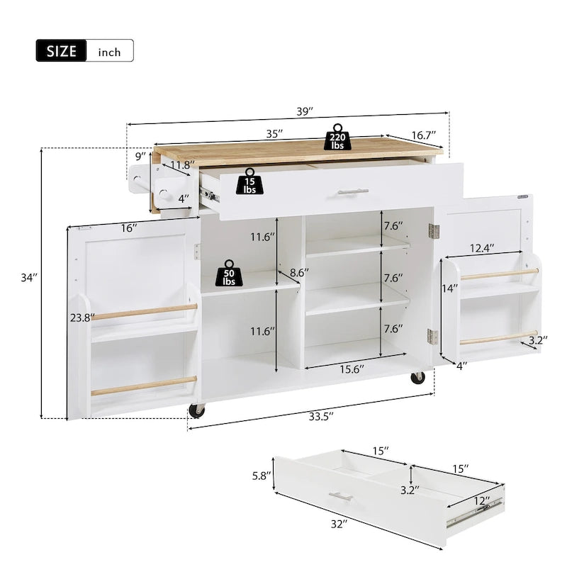 Rolling Kitchen Island with Storage Cart, Rubber Wood Top, Spacious Drawer with Dividers