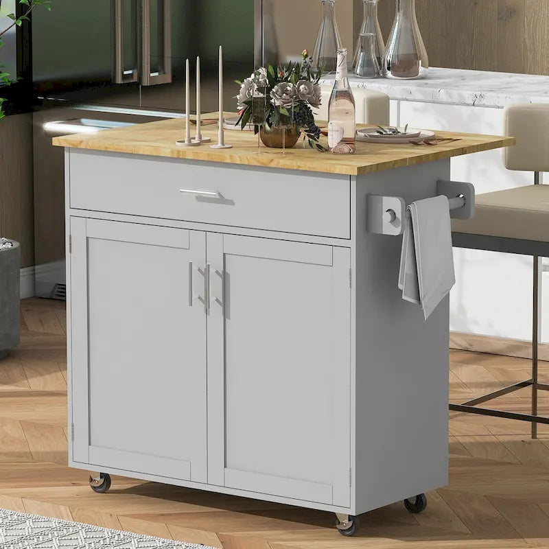 Rolling Kitchen Island with Storage Cart, Rubber Wood Top, Spacious Drawer with Dividers