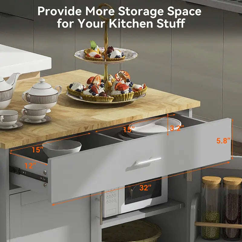 Rolling Kitchen Island with Storage Cart, Rubber Wood Top, Spacious Drawer with Dividers