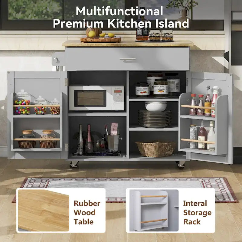 Rolling Kitchen Island with Storage Cart, Rubber Wood Top, Spacious Drawer with Dividers
