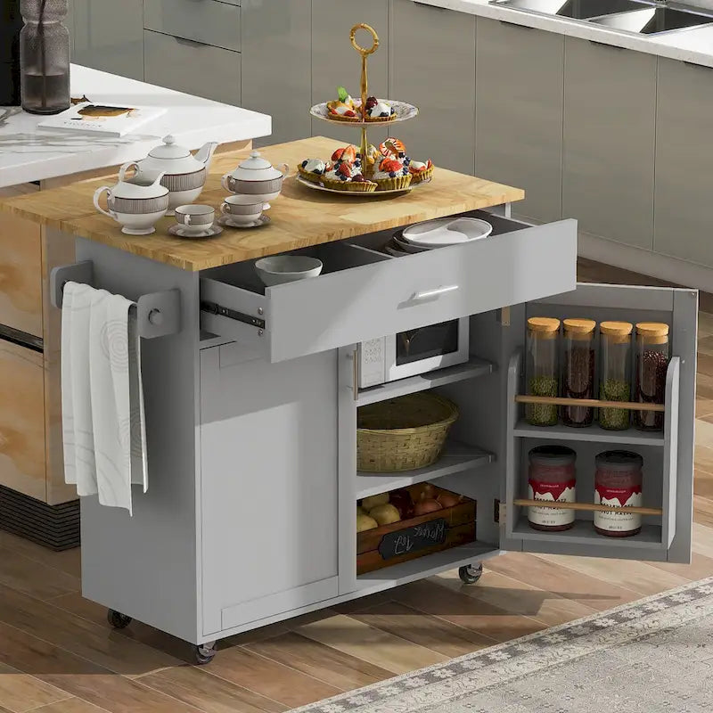 Rolling Kitchen Island with Storage Cart, Rubber Wood Top, Spacious Drawer with Dividers