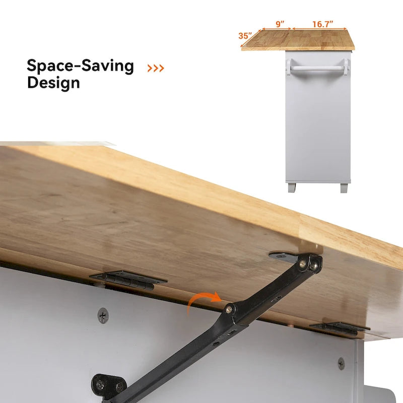 Rolling Kitchen Island with Storage Cart, Rubber Wood Top, Spacious Drawer with Dividers