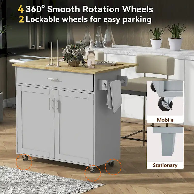 Rolling Kitchen Island with Storage Cart, Rubber Wood Top, Spacious Drawer with Dividers