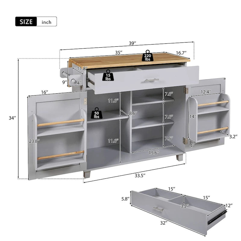 Rolling Kitchen Island with Storage Cart, Rubber Wood Top, Spacious Drawer with Dividers