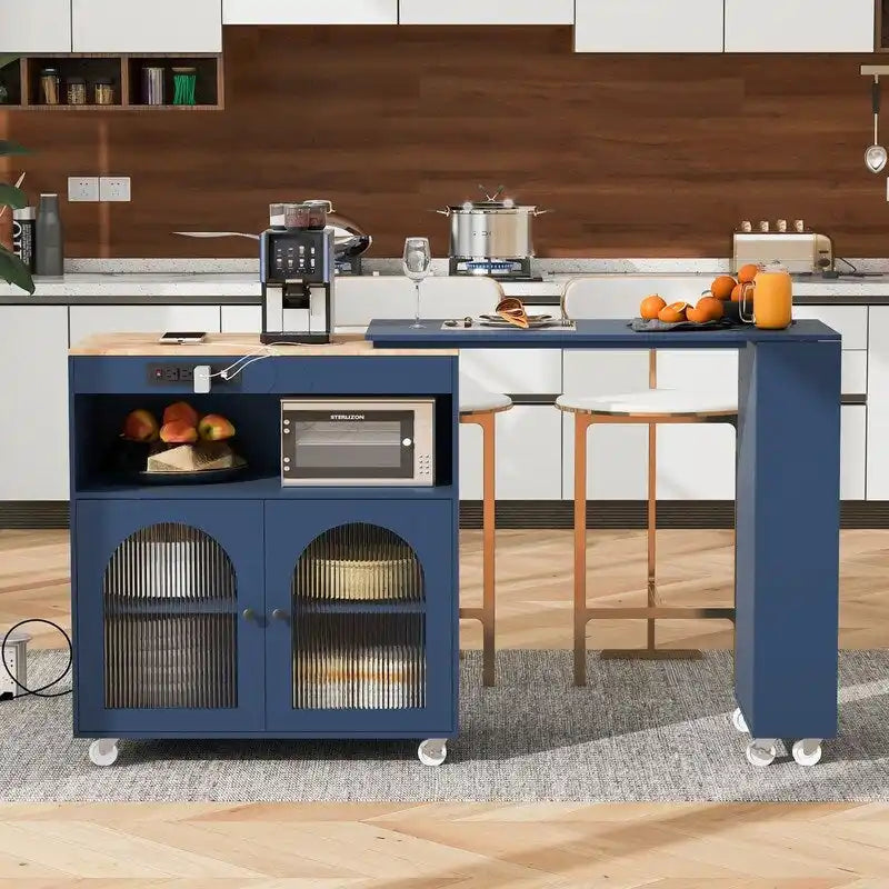 Rolling Kitchen Island With Extended Table, LED Lights & Glass Doors
