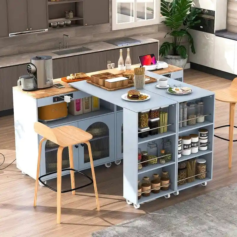 Rolling Kitchen Island With Extended Table, LED Lights & Glass Doors