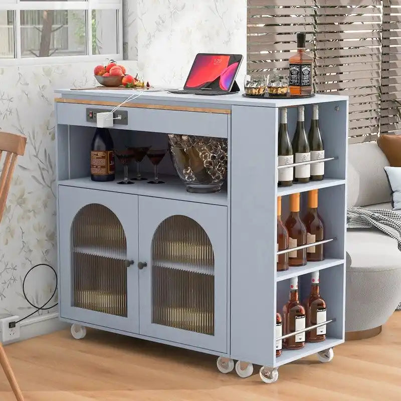 Rolling Kitchen Island With Extended Table, LED Lights & Glass Doors