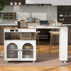 Isla de cocina con ruedas, mesa extensible, luces LED y puertas de cristal