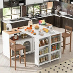 Isla de cocina con ruedas, mesa extensible, luces LED y puertas de cristal