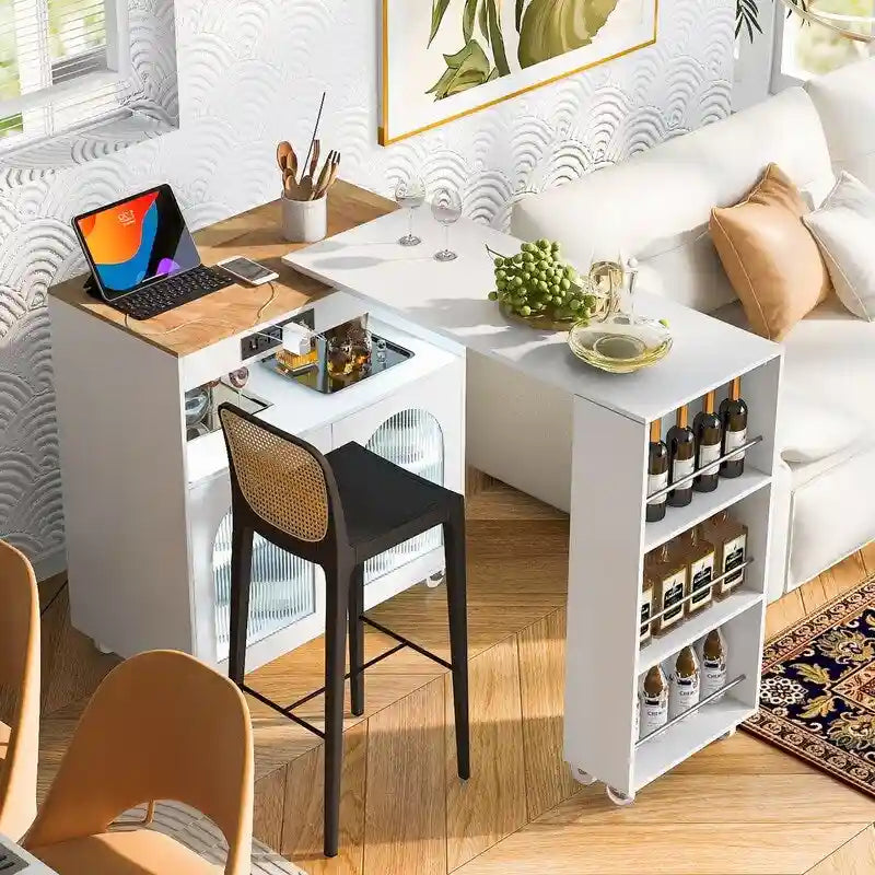 Rolling Kitchen Island With Extended Table, LED Lights & Glass Doors