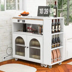 Isla de cocina con ruedas, mesa extensible, luces LED y puertas de cristal