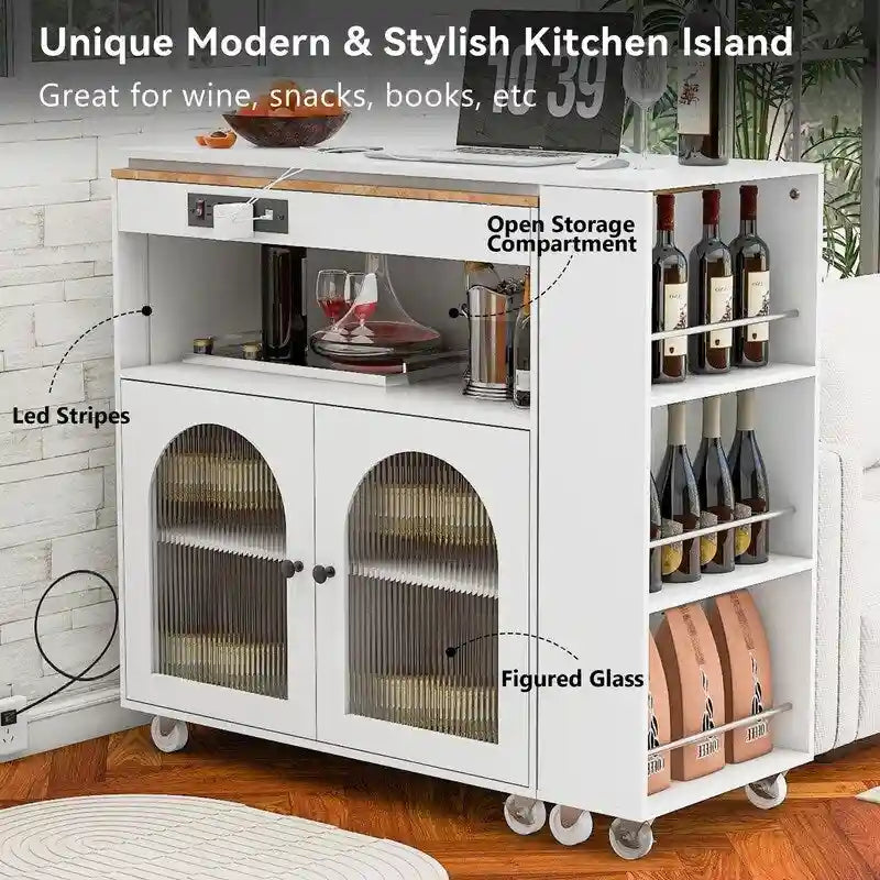 Rolling Kitchen Island With Extended Table, LED Lights & Glass Doors