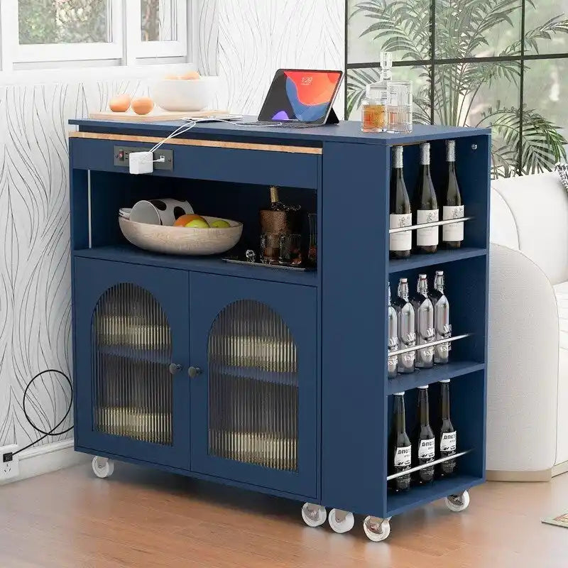 Rolling Kitchen Island With Extended Table, LED Lights & Glass Doors