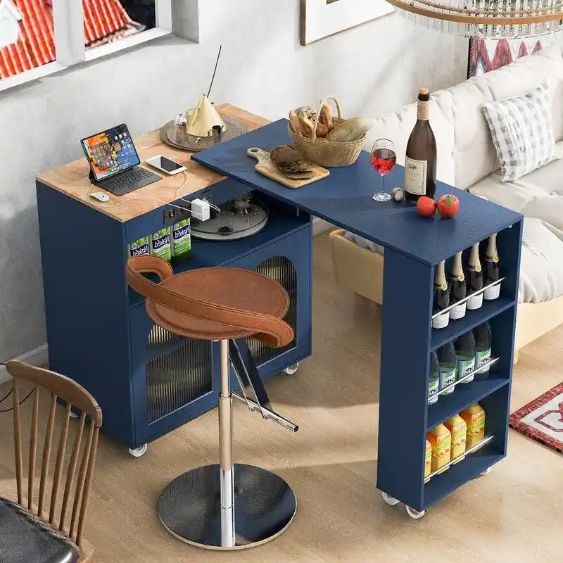 Rolling Kitchen Island With Extended Table, LED Lights & Glass Doors
