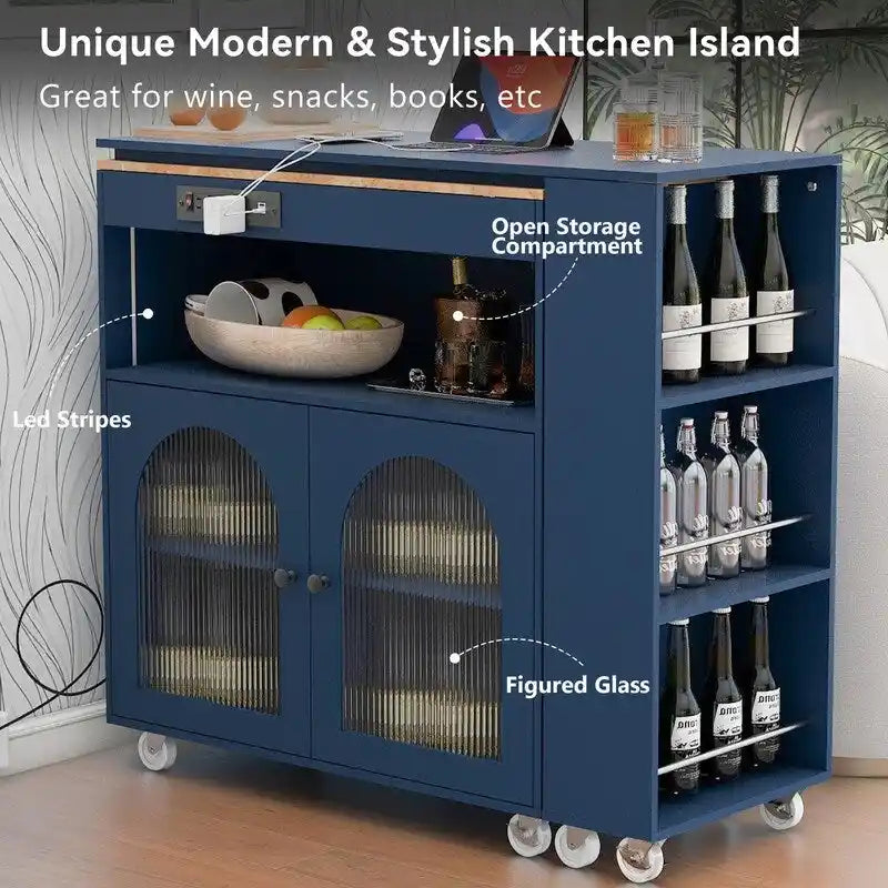Rolling Kitchen Island With Extended Table, LED Lights & Glass Doors