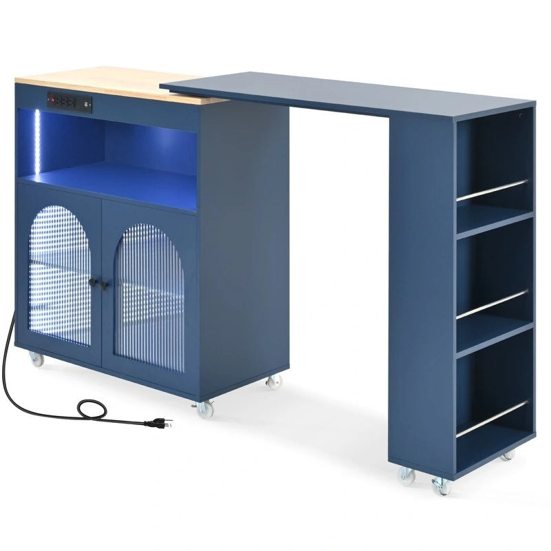 Rolling Kitchen Island With Extended Table, LED Lights & Glass Doors