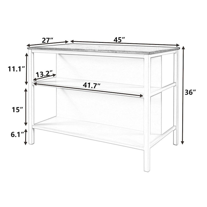 Solid Wood 45" Stationary Kitchen Island with Prep Table and Shelves