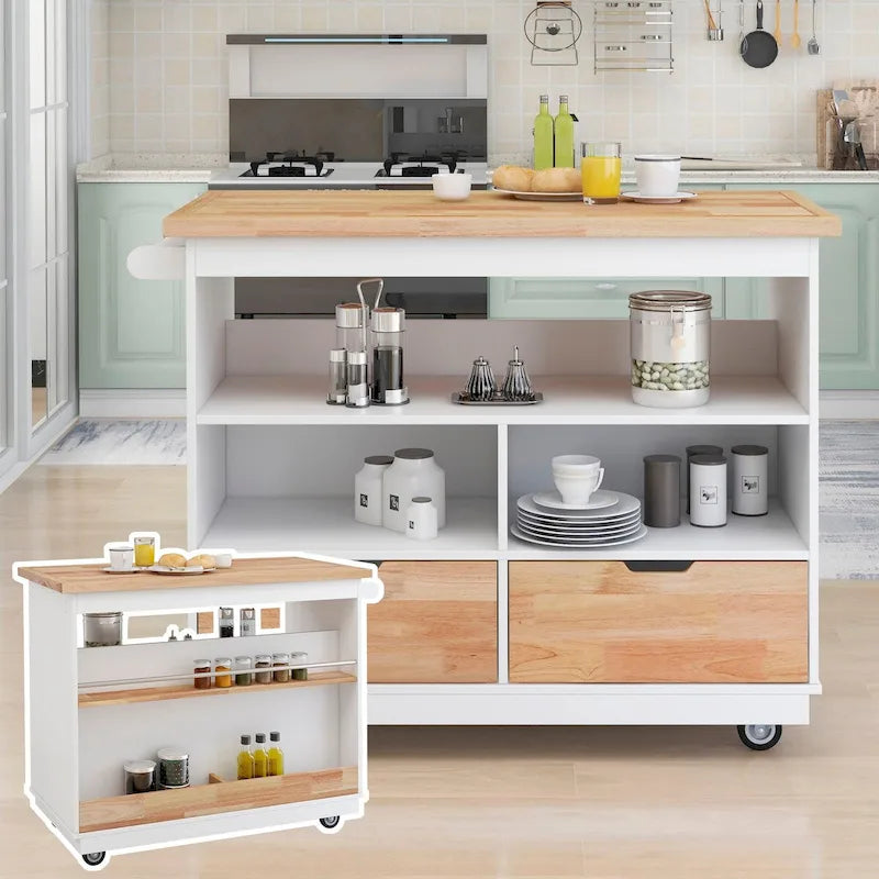 Rolling Kitchen Island with 2 Drawers and 3 Open Compartments