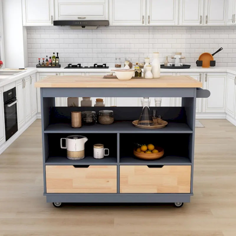 Rolling Kitchen Island with 2 Drawers and 3 Open Compartments