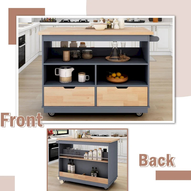 Rolling Kitchen Island with 2 Drawers and 3 Open Compartments