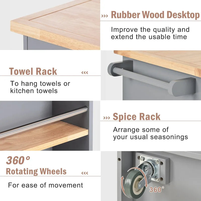 Rolling Kitchen Island with 2 Drawers and 3 Open Compartments