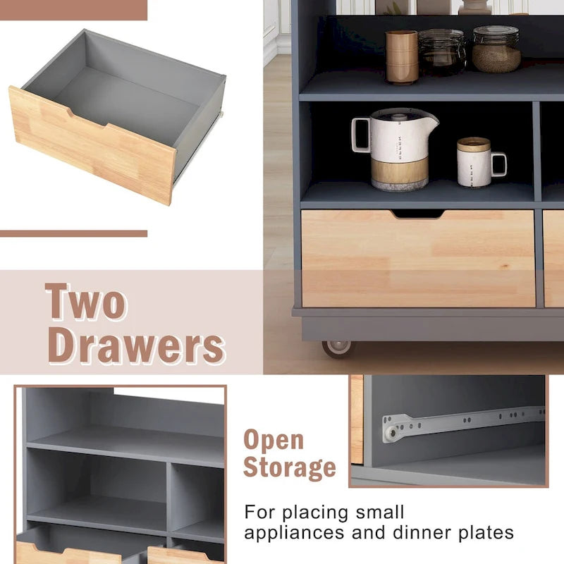 Rolling Kitchen Island with 2 Drawers and 3 Open Compartments