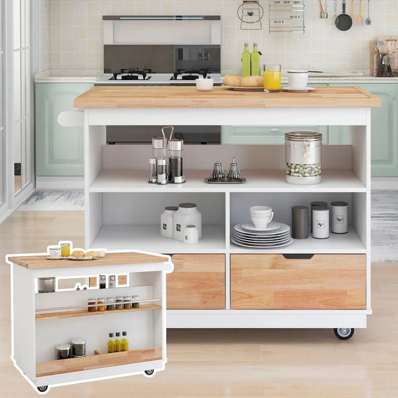 Rolling Kitchen Island with 2 Drawers and 3 Open Compartments