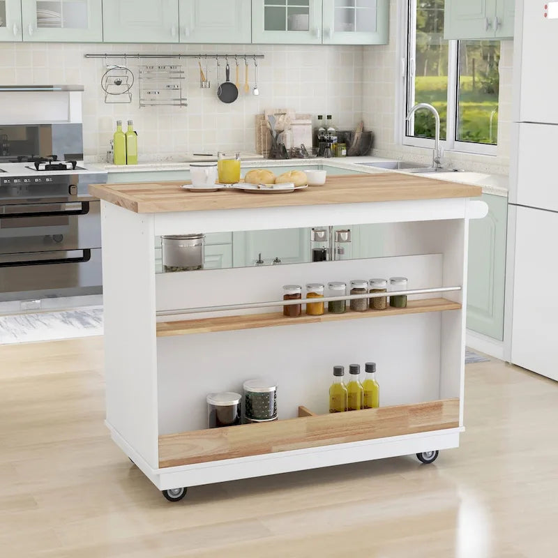 Rolling Kitchen Island with 2 Drawers and 3 Open Compartments