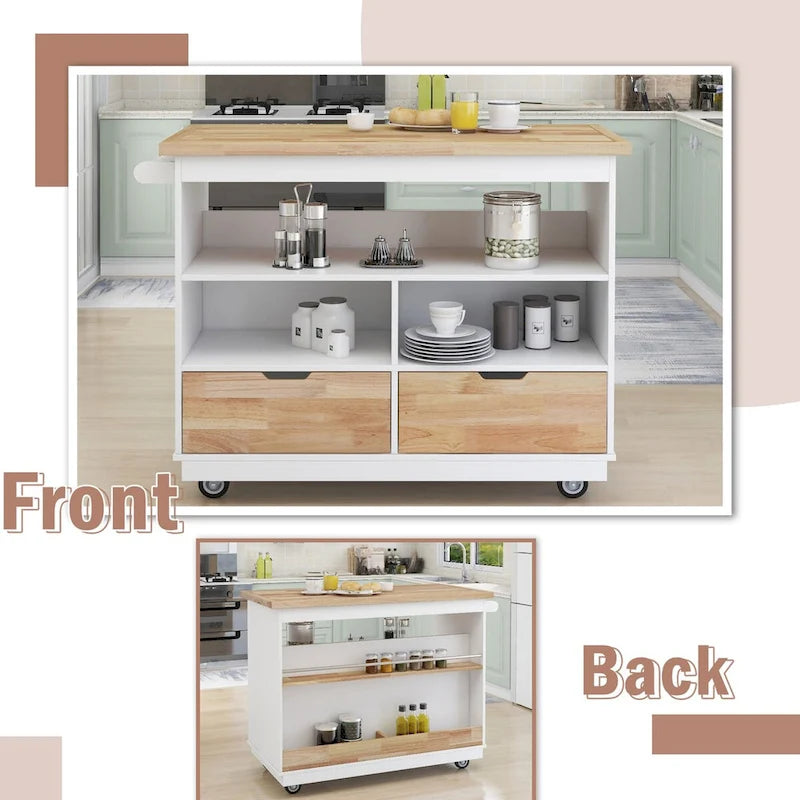 Rolling Kitchen Island with 2 Drawers and 3 Open Compartments
