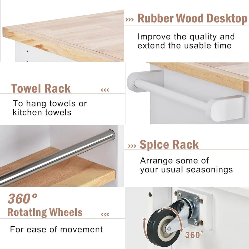 Rolling Kitchen Island with 2 Drawers and 3 Open Compartments