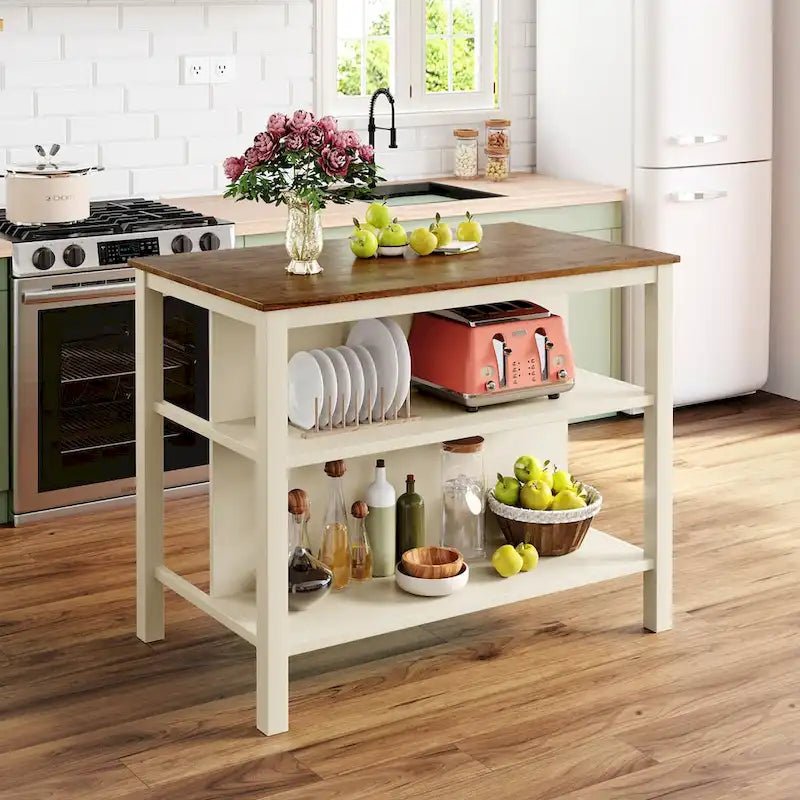 45" Rustic Kitchen Island with 2 Open Shelves, Rubberwood Butcher Block Top