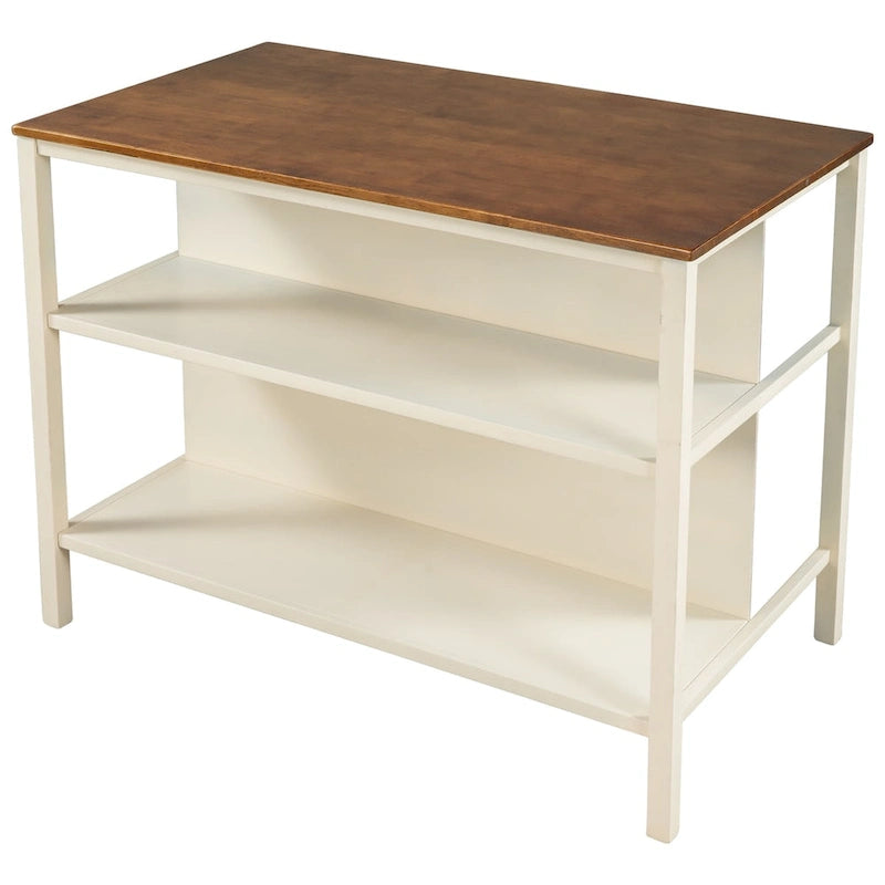 45" Rustic Kitchen Island with 2 Open Shelves, Rubberwood Butcher Block Top