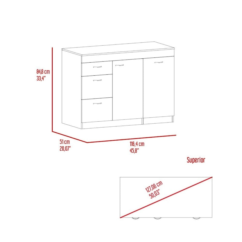 Kitchen Base Cabinet, Three Drawers, Two Internal Shelves