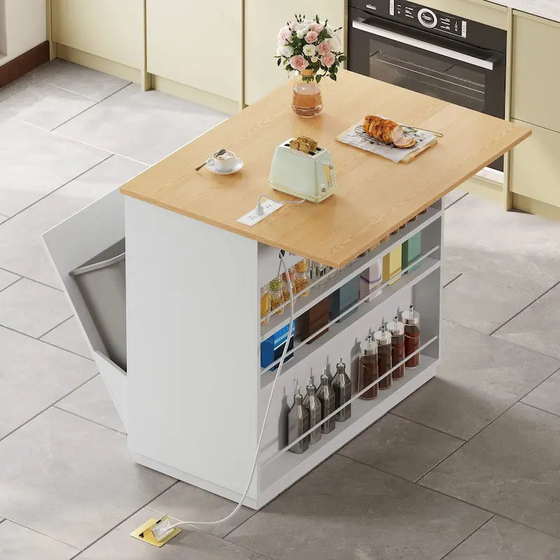 Kitchen Island Drop Leaf Double Tilt-Out Trash Cabinet with Power Outlet & Wheels