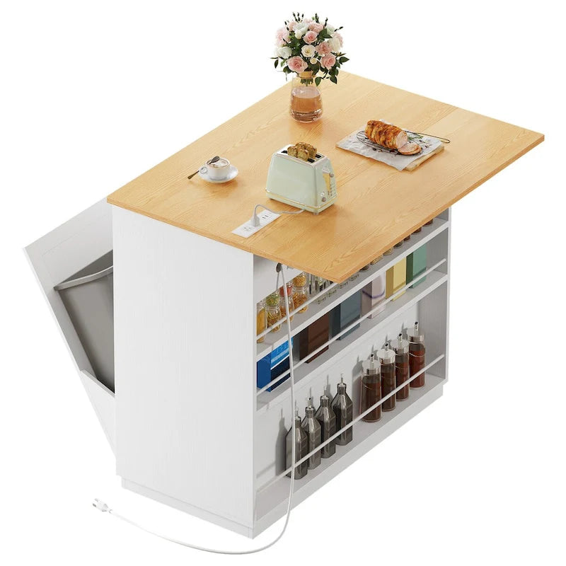 Kitchen Island Drop Leaf Double Tilt-Out Trash Cabinet with Power Outlet & Wheels