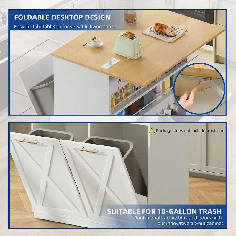 Kitchen Island Drop Leaf Double Tilt-Out Trash Cabinet with Power Outlet & Wheels