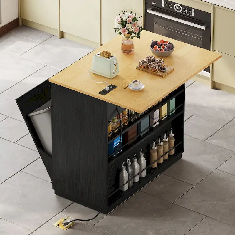 Kitchen Island Drop Leaf Double Tilt-Out Trash Cabinet with Power Outlet & Wheels