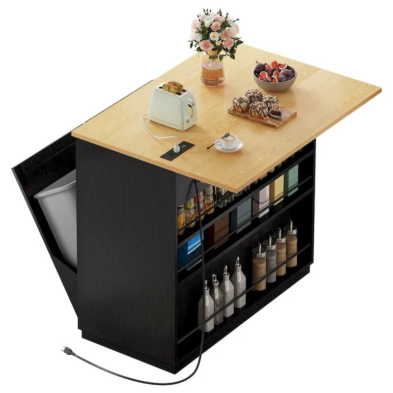 Kitchen Island Drop Leaf Double Tilt-Out Trash Cabinet with Power Outlet & Wheels