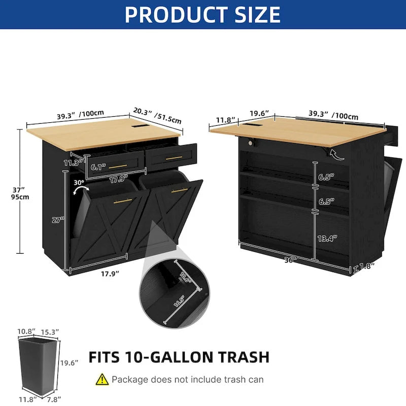 Kitchen Island Drop Leaf Double Tilt-Out Trash Cabinet with Power Outlet & Wheels